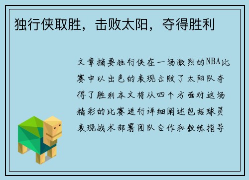 独行侠取胜，击败太阳，夺得胜利