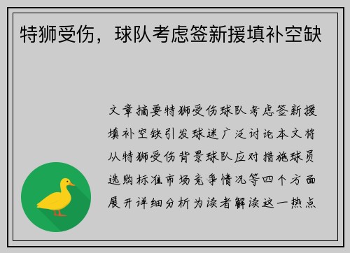 特狮受伤，球队考虑签新援填补空缺